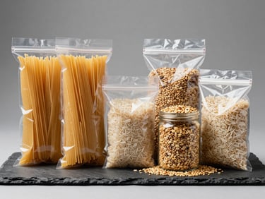 Clean studio arrangement of high-quality dry food packages, including pasta, rice, and grains, organized neatly on a slate surface, bright neutral studio lighting, sharp focus