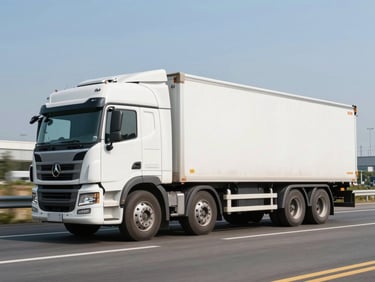 Side view of a modern white cargo semi-truck driving on a clean highway under bright daylight, industrial logistics and shipping concept, sharp focus, professional framing