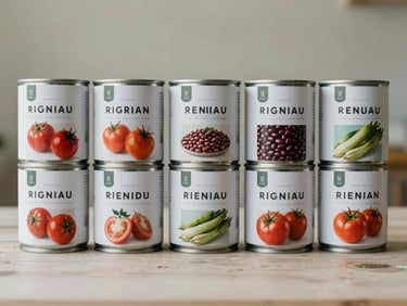 Symmetrical row of premium canned goods, including tomatoes, beans, and vegetables, clean metal tins with modern minimalist labels, bright neutral daylight, organized warehouse style