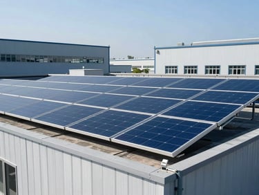 Solar panels on a commercial rooftop with industrial buildings in the background, clean daylight, cool blue tones, sharp focus, architectural framing, 35mm lens