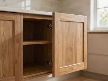 Close-up environmental shot of custom kitchen cabinet doors open to reveal interior pull-out shelving, warm oak finish, natural window light from the right, joinery and soft-close hinge detail visible, real kitchen walls and backsplash in background