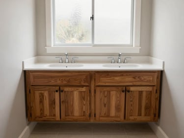 Wide shot of a finished double-sink bathroom vanity with warm walnut cabinet doors, white quartz countertop, natural daylight from a frosted window above, showing how the vanity fits flush to both side walls with no gaps, real tile floor and mirror visible