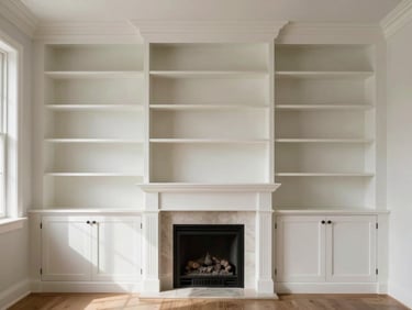Environmental shot of a living room built-in shelving unit flanking a fireplace, painted white with adjustable shelves and lower cabinet doors, natural afternoon light from a nearby window, showing the full floor-to-ceiling height and how the unit fills the alcove precisely