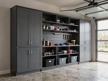 Environmental shot of a finished garage storage wall with floor-to-ceiling cabinet units and open slatwall shelving, charcoal grey finish, tools and bins organized on the shelves, natural light from a garage door opening to the right, showing real room depth and scale
