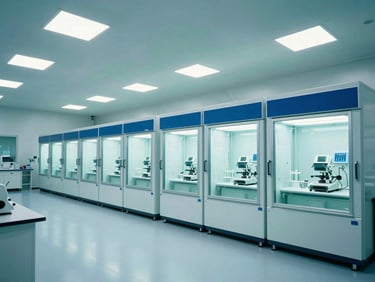 Wide architectural shot of a futuristic biotechnology laboratory with illuminated isolation chambers, crisp high-key lighting, teal cinematic highlights.
