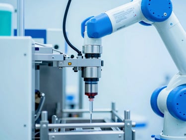 extreme close-up of a robotic production line for sterile injectable filling, bright clinical lighting, cool blue highlights, 35mm