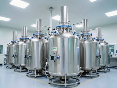 illuminated cleanroom with massive bioreactors and advanced biotechnology platforms, crisp high-key architectural photography, 35mm