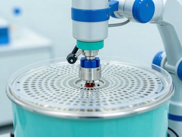 Extreme close-up of a robotic lyophilization suite in a bright clinical environment, teal and royal blue highlights, macro photography.