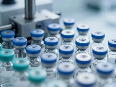 Macro shot of sterile glass vials on an automated production line, cool crisp lighting, corporate biotechnology aesthetic.