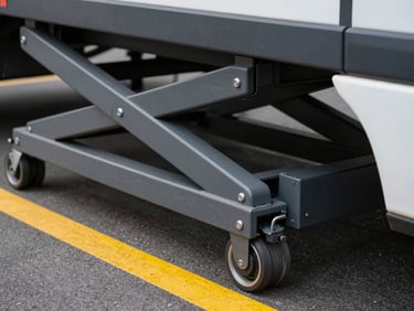 Close-up of a specialized accessibility vehicle lift mechanism deployed at a curb, clean daylight, safety yellow markings visible, no passengers present — operational detail shot