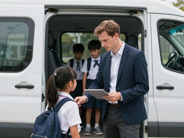 Professional white male driver assisting a young student boarding a clean transport van, school environment in background, natural daylight, calm and attentive body language