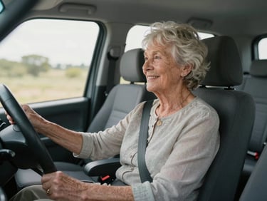 Interior of a clean senior transport vehicle, a smiling white female senior passenger seated comfortably with a seatbelt fastened, soft natural daylight through the window, driver visible at the wheel