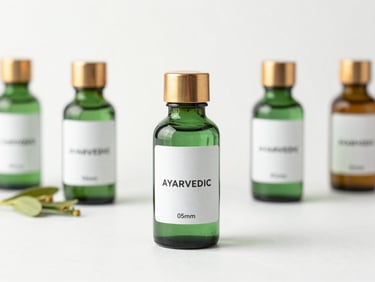 Premium editorial product photography of Ayurvedic herbal formulations in minimalist emerald glass bottles, bright studio light, soft gold accents, 85mm