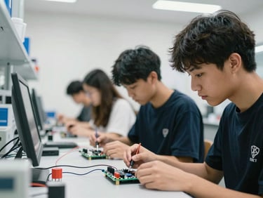 Young people working on a project involving microcontrollers and sensors, focused expressions, soft laboratory LED lighting, collaborative atmosphere.