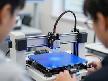 Close-up of a 3D printer in operation, glowing blue light from the print bed, clean technical environment, natural daylight.