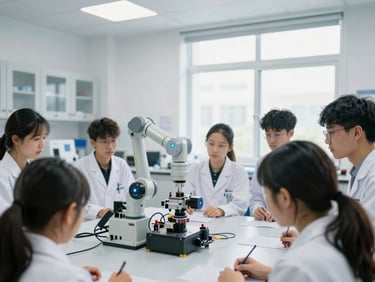 Wide shot of a clean, modern lab with a small robotic arm and sensors, glowing blue lights, bright natural daylight, focus on the interconnectedness.