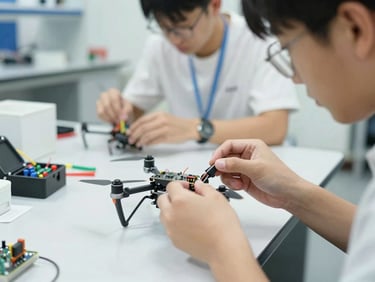 Hands assembling a small drone with visible microcontroller components, bright, soft laboratory lighting, focus on the intricate parts.
