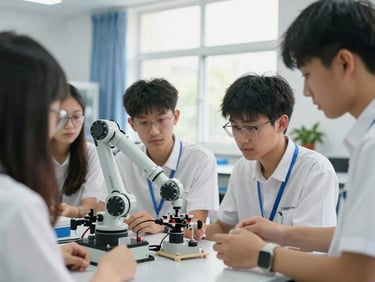 Students collaborating over a robotic arm, bright natural daylight in a modern lab, focus on hands-on interaction.