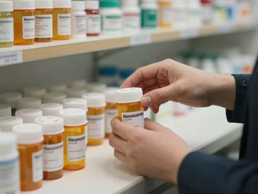 Close-up of hands placing prescription bottles on a pharmacy counter under warm tungsten light, medication labels visible, wooden shelf edge in the background