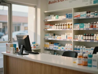 Medium shot of a pharmacy counter with OTC products, vitamins, and everyday health items arranged on shelves, warm afternoon light coming through the storefront window