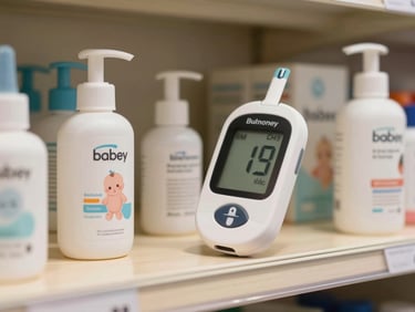 Close-up of baby care products and a blood glucose monitor on a pharmacy shelf, warm indoor light, clean wooden shelf surface