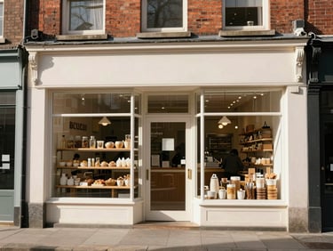 A bright, active local bakery operating on the ground floor of a rehabilitated brick building, sunlight streaming through large windows.