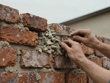 Close-up of historic brick masonry being carefully restored by hand under natural overcast daylight, mortar visible.