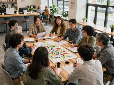 A diverse community meeting gathered around a large wooden table inside a brightly lit, modern commercial space, discussing neighborhood plans.