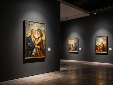 Dramatic architectural photography of an art gallery interior, high-contrast spotlighting illuminating paintings on dark graphite walls, sharp details.