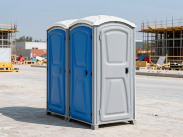 Wide environmental shot of a clean, newly delivered portable toilet on an organized commercial construction site, bright daylight, crisp blue and white tones, sharp focus, 35mm