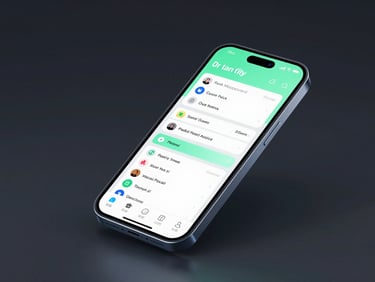 Sleek dark-mode tech photography of a high-fidelity Android phone mockup angled isometrically, displaying a productivity interface with clean task boards. Mint green accent lighting, low-key studio setup, 50mm.