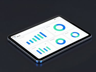 Sleek dark-mode tech photography of a high-fidelity Android tablet mockup on a dark reflective surface, displaying an educational application with vibrant, clean charts. Neon blue edge-lighting, macro 50mm lens.