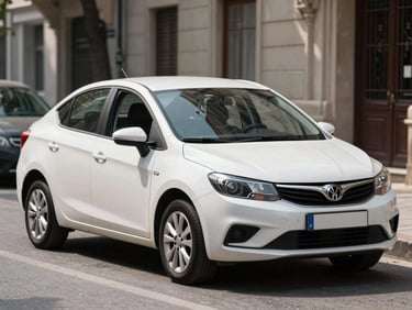 Front three-quarter view of a compact economy sedan parked on a clean Istanbul street, bright daylight, white body, ready-to-rent appearance