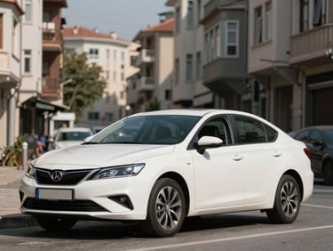 Wide shot of a clean white economy sedan parked on a Maltepe street in bright Istanbul daylight, car occupies 65% of frame, urban apartment buildings softly blurred in background, ready-to-rent feel