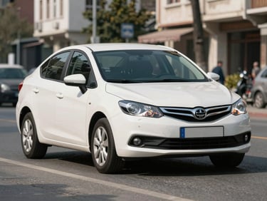 Front three-quarter view of a compact white economy sedan parked on a Maltepe street in bright daylight, clean and ready to rent, urban Istanbul backdrop softly blurred