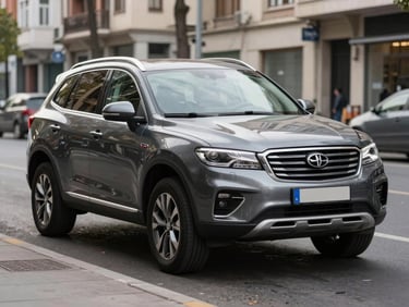 Front three-quarter view of a dark grey SUV parked on a wide Istanbul boulevard, daylight, imposing and ready-to-drive