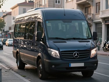 Front angle of a dark navy minibus parked on a wide Istanbul street, morning light, doors closed and clean, ready for group transport, road visible ahead