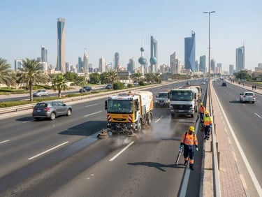 Wide environmental shot of heavy municipal cleaning vehicles operating in Kuwait City under bright daylight, clean modern road, professional crew in high-visibility gear, crisp details, 35mm