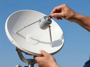 Close-up of a technician hands installing a satellite dish LNB receiver, bright blue sky background, technical precision.