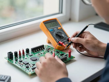 Technician using a digital multimeter to test a green television circuit board, bright natural daylight from a window, technical precision framing.
