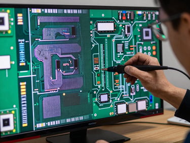 A modern LED television screen showing diagnostic patterns, technician testing internal circuits with a professional probe.