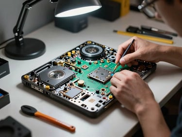 Open laptop chassis on an organized workbench with tools, technician replacing components under focused work-light.