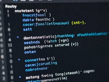 Macro crop of a clean IDE interface displaying a technical routing configuration with electric-indigo syntax highlighting, dark terminal aesthetic.