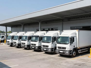 Bright daylight, wide environmental shot of a modern agricultural customs checkpoint, refrigerated cargo trucks lined up in a sterile steel-gray terminal, 35mm sharp industrial photography