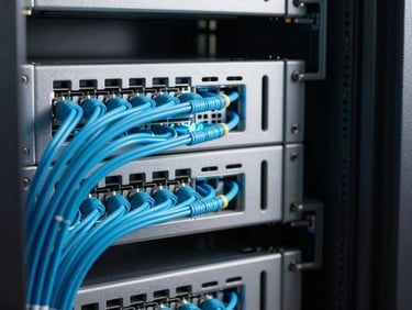 Close-up of clean server room rack with glowing cyan fiber optic cables, high contrast, dramatic shadows, technical precision.