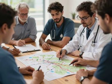 A close-up environmental shot of a community-led planning session, local healthcare leaders and engineers looking over a route map on a wooden table, bright natural daylight.