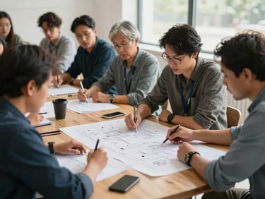 A medium-wide environmental shot of a community-led planning session, local partners in active roles reviewing blueprints on a wooden table, natural bright daylight.