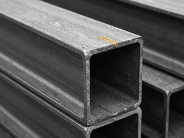 Extreme close-up of raw, mill-finish structural steel beam with harsh side lighting, showing texture and industrial character, black and white with mustard accents, 35mm.
