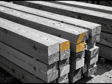 Wide shot of stacked heavy timber beams in a yard, geometric arrangement, harsh natural workshop light, black and white with mustard accents, 35mm.