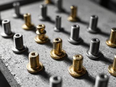 Close-up of heavy-duty brass fasteners on a raw concrete surface, dramatic shadows, black and white with mustard accents, 35mm.